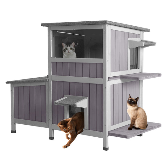 Aivituvin-AIR7033 2-Story Wooden Cat House with Asphalt Roof