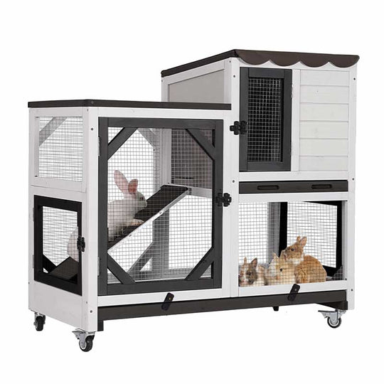 Aivituvin-AIR7013-UK Premium 2-Story Wooden Rabbit Hutch with Casters | Pull-Out Tray