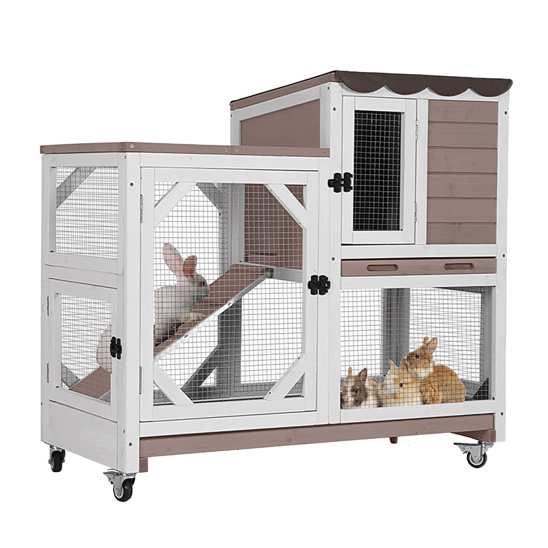 2-Story Wooden Rabbit Hutch with Casters, Pull-Out Tray, Waterproof ...