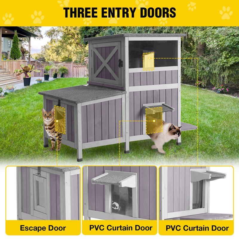 Aivituvin-AIR7033 2-Story Wooden Cat House with Asphalt Roof