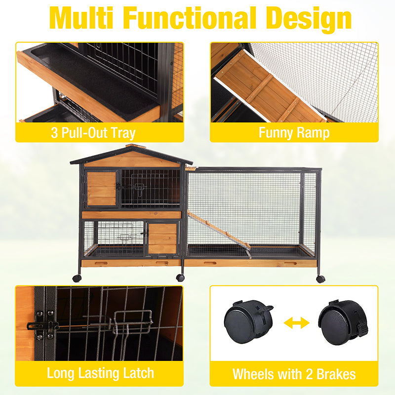 Aivituvin-AIR19-X-UK Chew-Resistant Metal Frame Rabbit Hutch, Rabbit House with Wheels