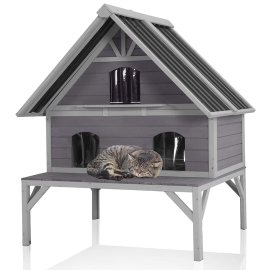 AIR7034-Aivituvin Wooden Outdoor Cat House | Waterproof Roof