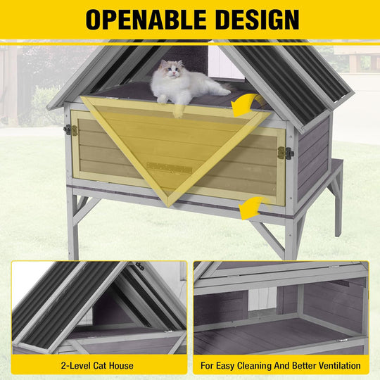 AIR7034-Aivituvin Wooden Outdoor Cat House | Waterproof Roof